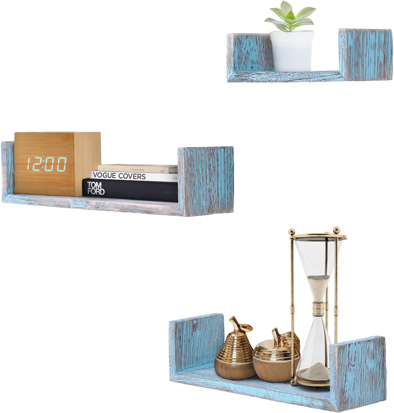 Rustic Wall Mounted U-Shaped Floating Shelves – Set of 3 – Large, medium and Small – Screws and Anchors Included - Farmhouse Shelves for Bedroom, Living Room and more – Rustic Wall Décor - Blue