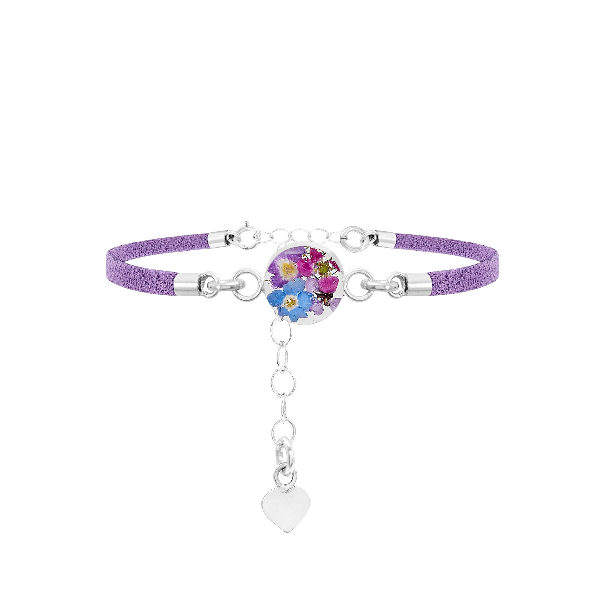 Shrieking Violet 925 Sterling Silver and Vegan Suede Round Real Flower Bracelet - Assorted Flowers (Purple Haze)