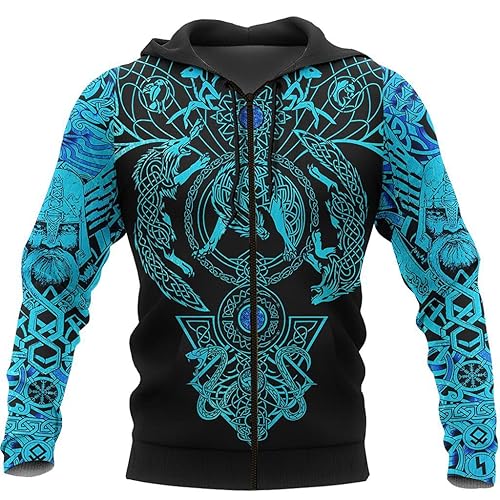 WYPAN Norse Men's Viking Odin Fenrir Celtic Wolf Zip Hoodie, 3D