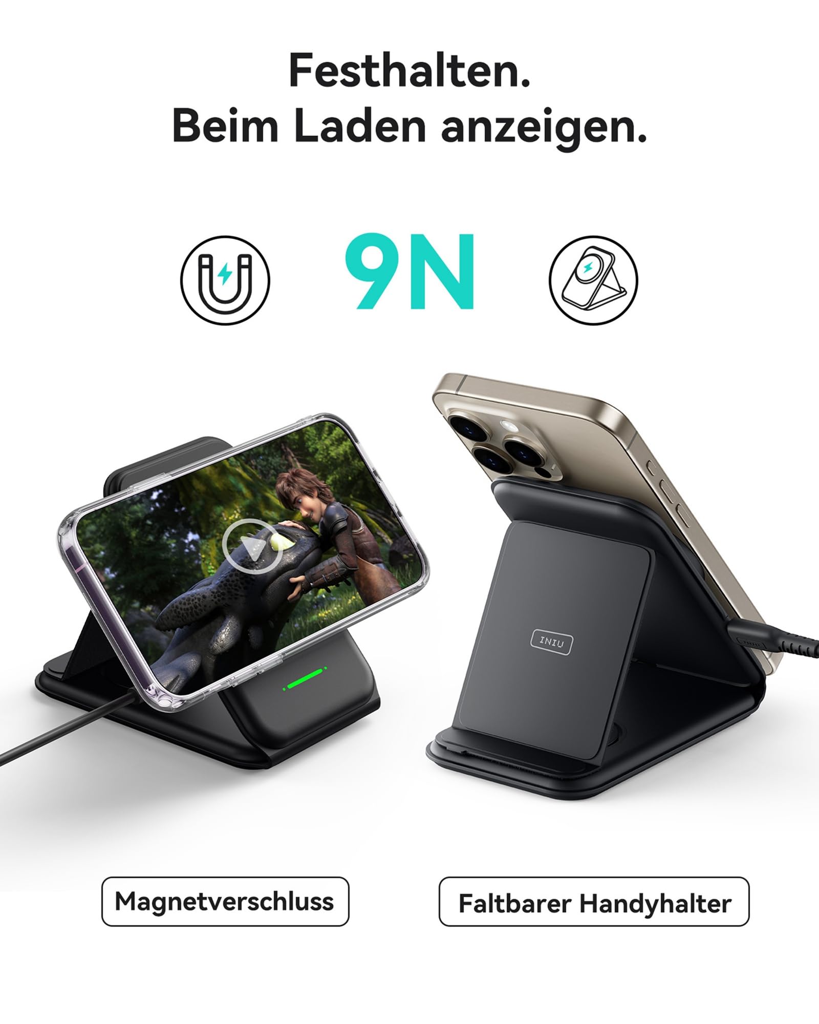 INIU 15W MagSafe Ladestation 3 in 1, Faltbares Wireless Charger Qi2-Zertifikat Reise ladegerät für iPhone 16/15/14/13/12, Apple Watch 9/8/7/6/SE, AirPods 4/3/Pro 2(mit 20W Adapter und USB-C-Kabel) 5