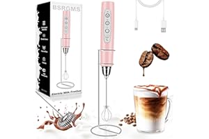 BSRGMS Milk Frother Handheld with Stand, Electric Whisk 3 Speed Adjustable, Drink Mixer with Stainless 3 Whisks, Rechargeable Hand Frother Wand, Foam Maker for Latte Cappuccino Hot Chocolate Egg Pink