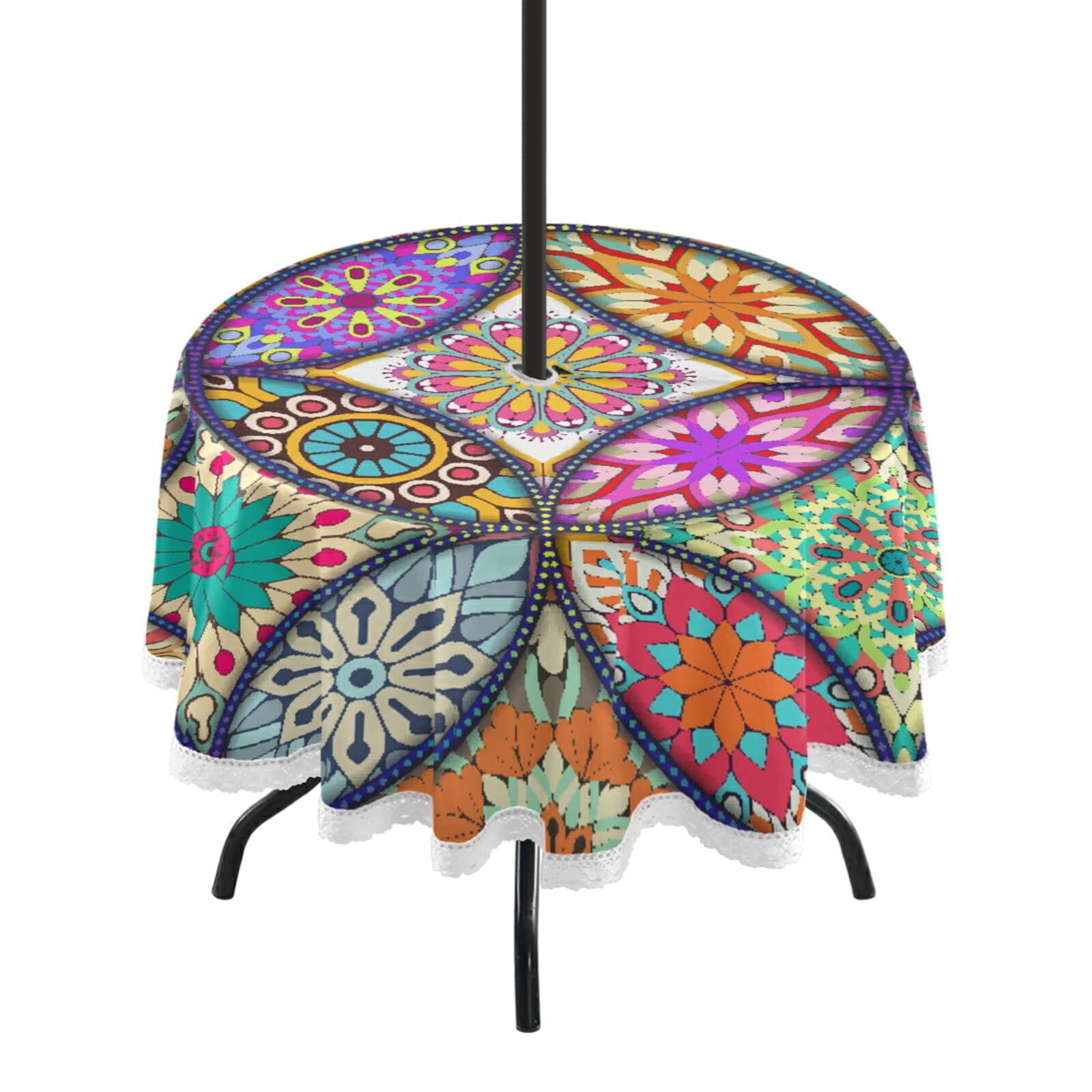 xigua Boho Mandala Native Round Tablecloth 60In,Waterproof Patio Table Cloths with Umbrella Hole and Zipper,Table Covers for Indoor & Outdoor Backyard/BBQ/Picnic