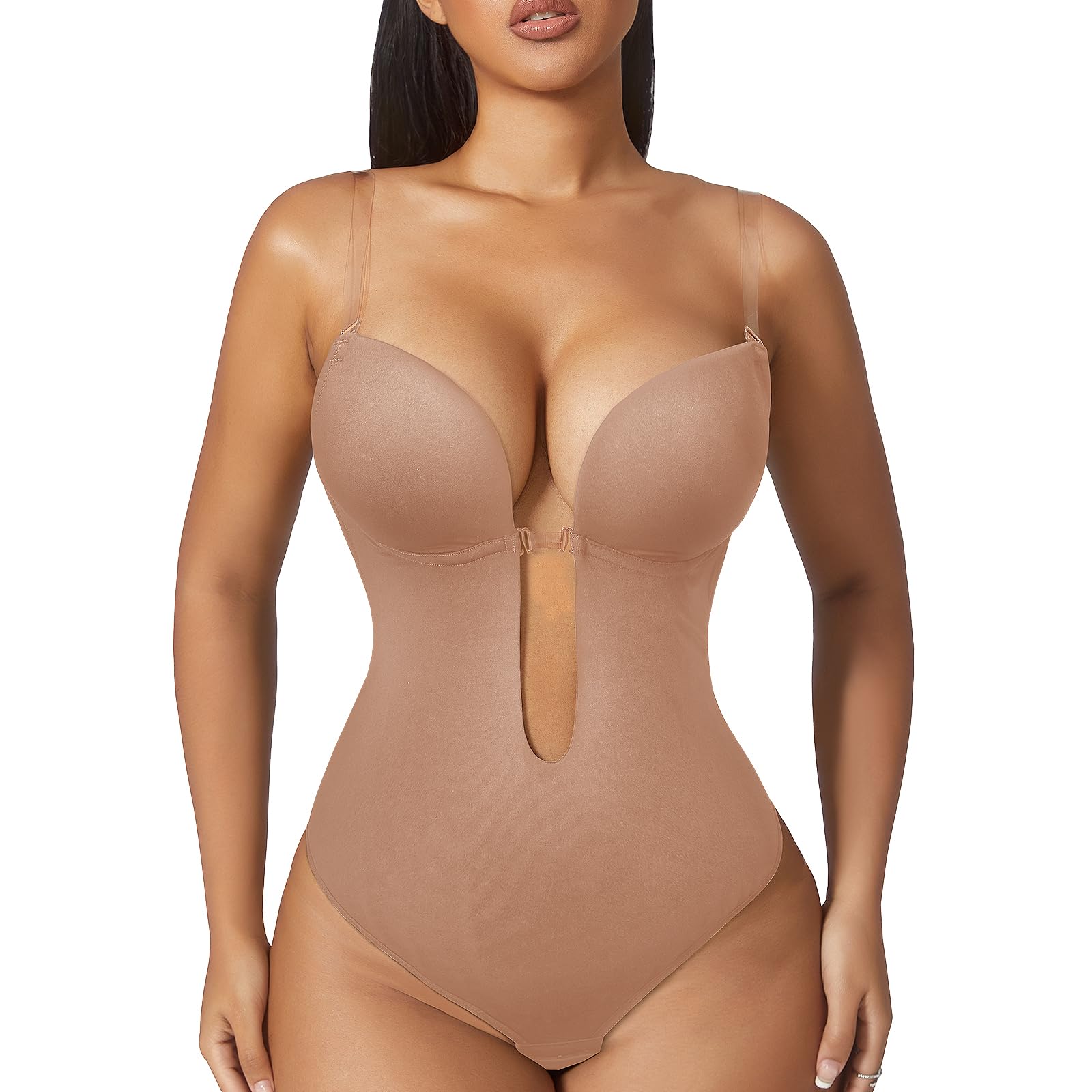 Photo 1 of Women Shapewear Backless Body Bra Shaper Womens Plus Size Plunge Invishaper Low Back Thong Bodysuits Open Crotch Daily Use((Skin Pink S)