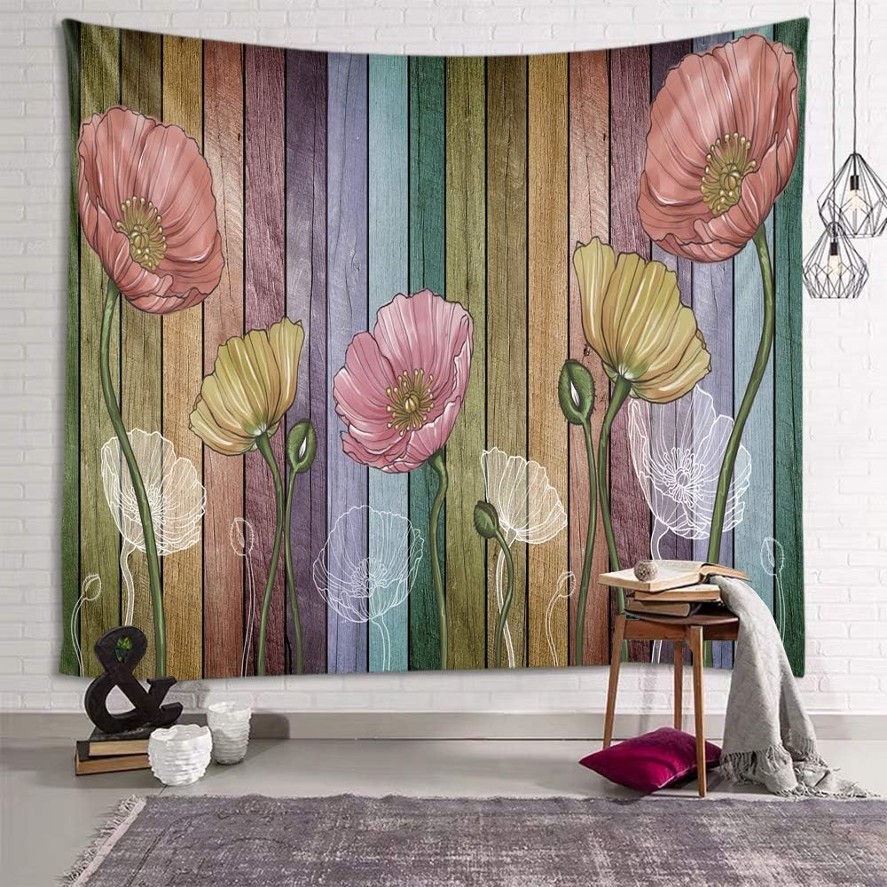 Tapestries - Sevendec Retro Wood Plank Flower Wall Tapestry Colorful Tapestry Wall Hanging for Livingroom Bedroom Dorm Home Decor W59 x L51