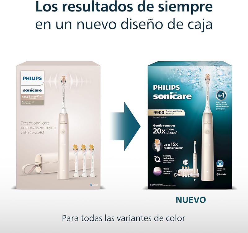 Escova de dentes elétrica Sonicare DiamondClean 9900 Prestige, com SenseIQ & App, 5 modos, 3 intensidades, carregador de mala de viagem, preto, modelo HX9992/43, preto, 4 cabeças