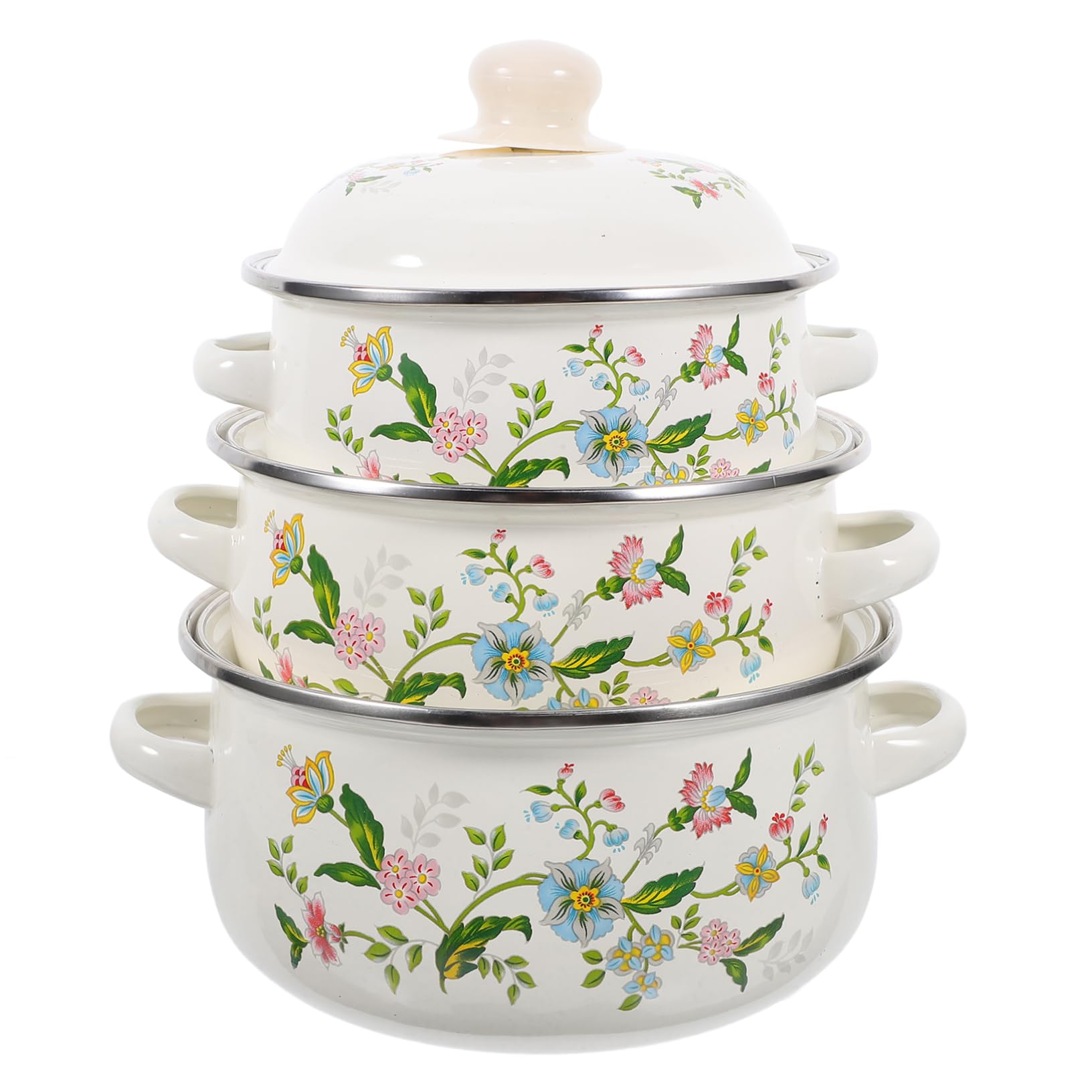 ABOOFAN Enamel Pot Set 3pcs Flower Enamel Stock Pot with Lid Vintage Ceramic Stockpot Cooking Pot Flat Bottom Stew Pot for Soup Stew Canning