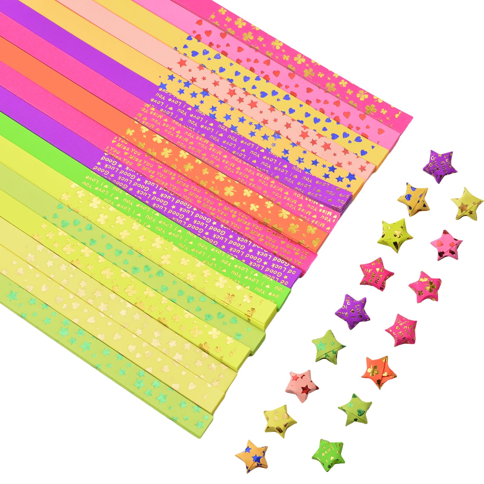 URROMA Star Paper Strips, 760pcs Gilded Fluorescence Origami Lucky Star Paper Strips Love Four Leaf Grass Pentagram English Pattern for Crafts Folding Paper Stars DIY Arts