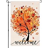 BLKWHT Welcome Fall Tree Garden Flag 12x18 Vertical Double Sided Autumn Maple Leaves Thanksgiving Holiday Outside Decorations Burlap Yard Flag BW697