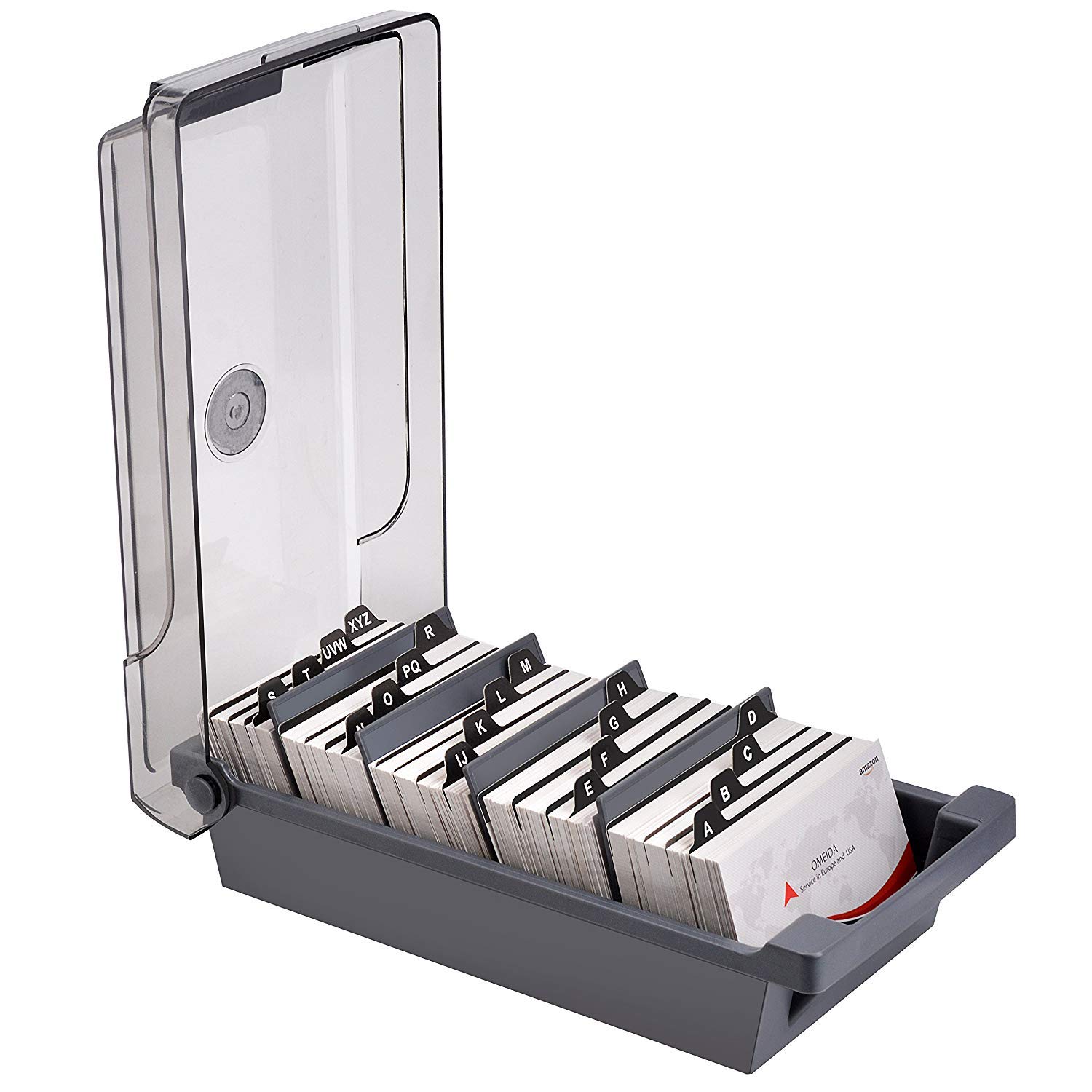 Hamosky Business Card Storage Box, 500 Cards Capacity, Name Card Holder with Dividers, 4 Dividers and A-Z Index Tabs, Business Card Organiser Box, Plastic Name Business Card File for Office