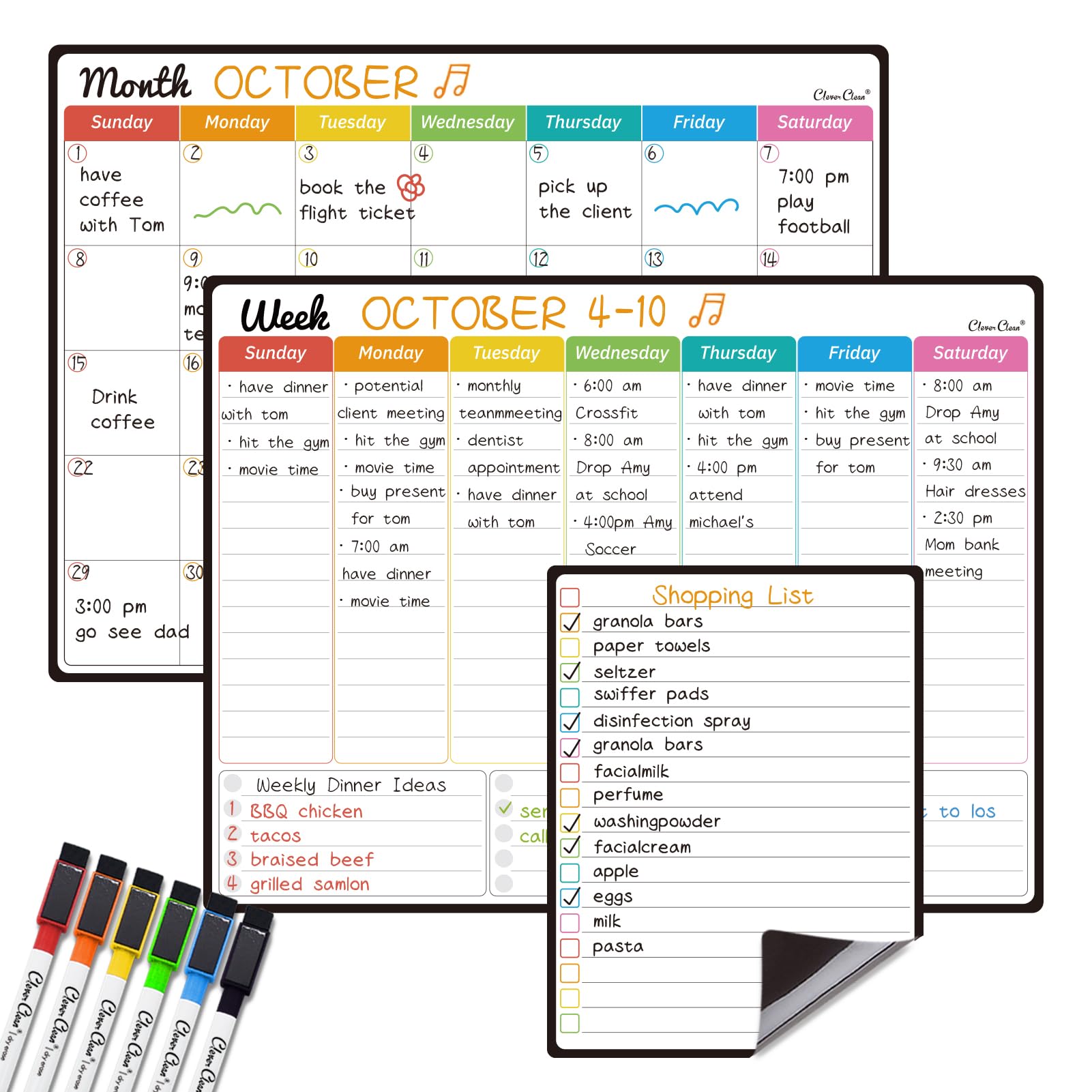 Photo 1 of Magnetic Dry Erase Monthly Calendar Set - 14.5"x11" Monthly and Weekly Calendar, 6.5"x8.5" List Board for Fridge - 6 Extra Fine Point Markers Included - Shipped Flat