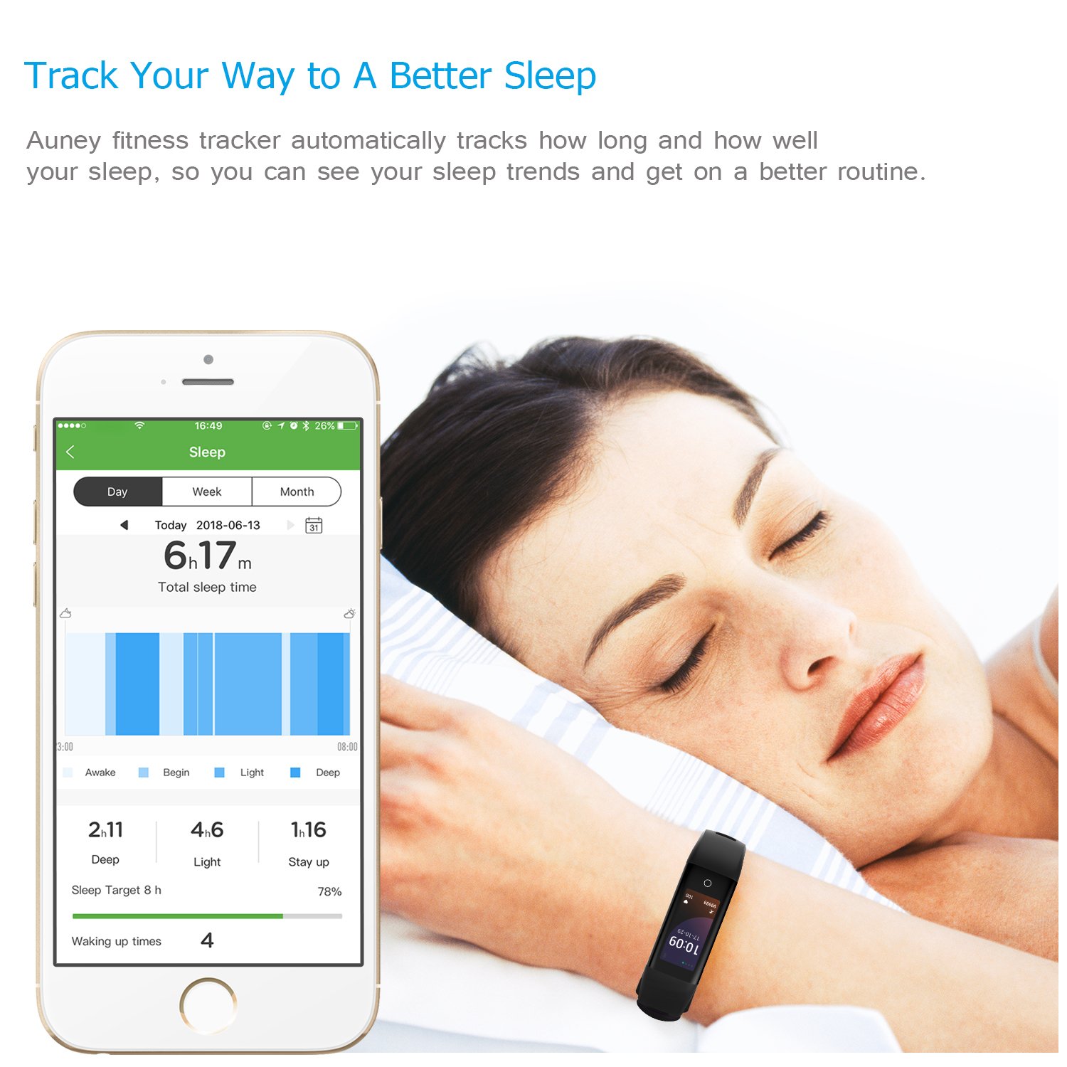 AUNEY Fitness Tracker Color Screen Sport Band Smart Wristband Bracelet Waterproof Bluetooth Activity Heart Rate Sleep Monitor Pedometer sport band for IOS and Android