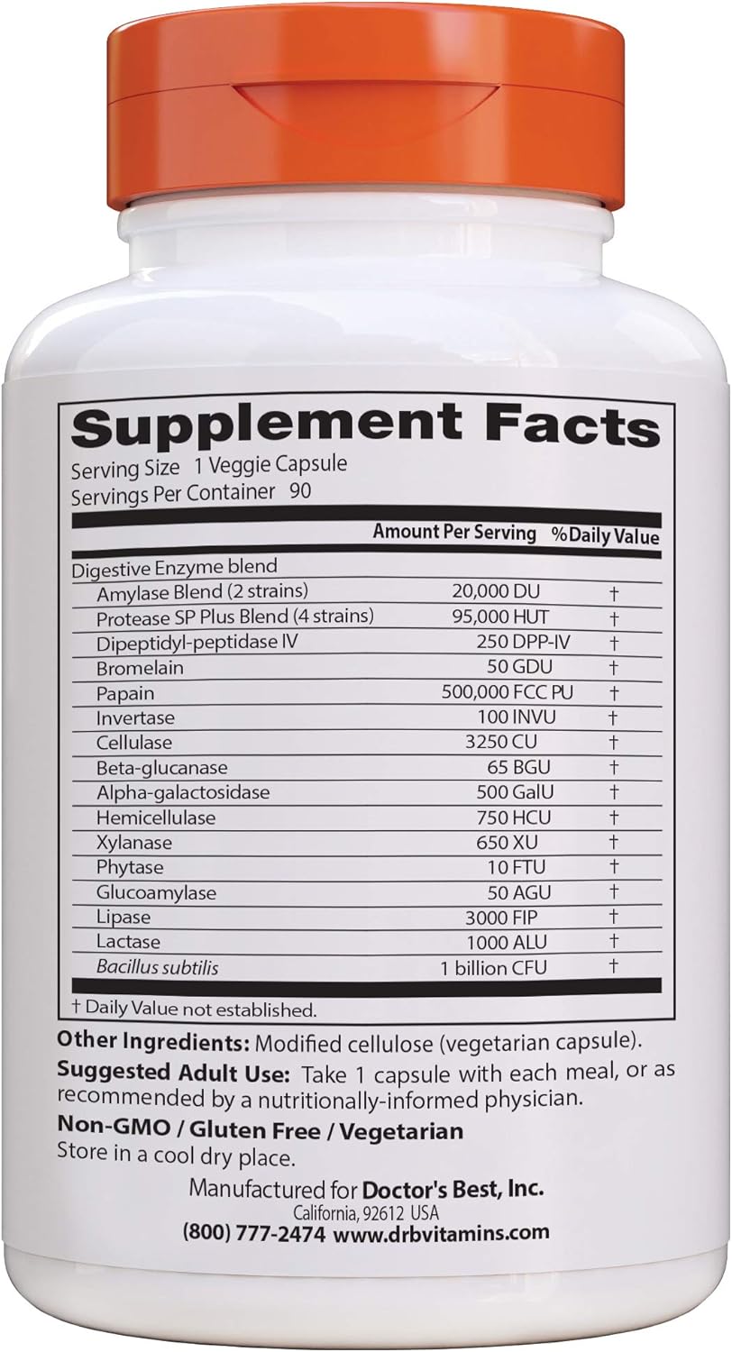 Doctor's Best Digestive Enzymes, Non-GMO, Vegetarian, Gluten Free, 90 Veggie Caps: Health & Personal Care