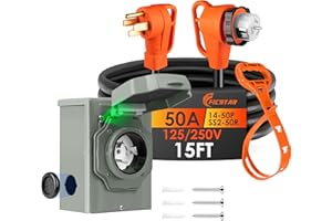 Ficstar 15FT 50 Amp Generator Cord and Power Inlet Box Kit,NEMA 14-50P to SS2-50R Generator Cord,Pre-Drilled 50 Amp Generator Inlet Box with 6/3+8/1 AWG STW Wire,125/250V, 12500W,UL&ETL Listed