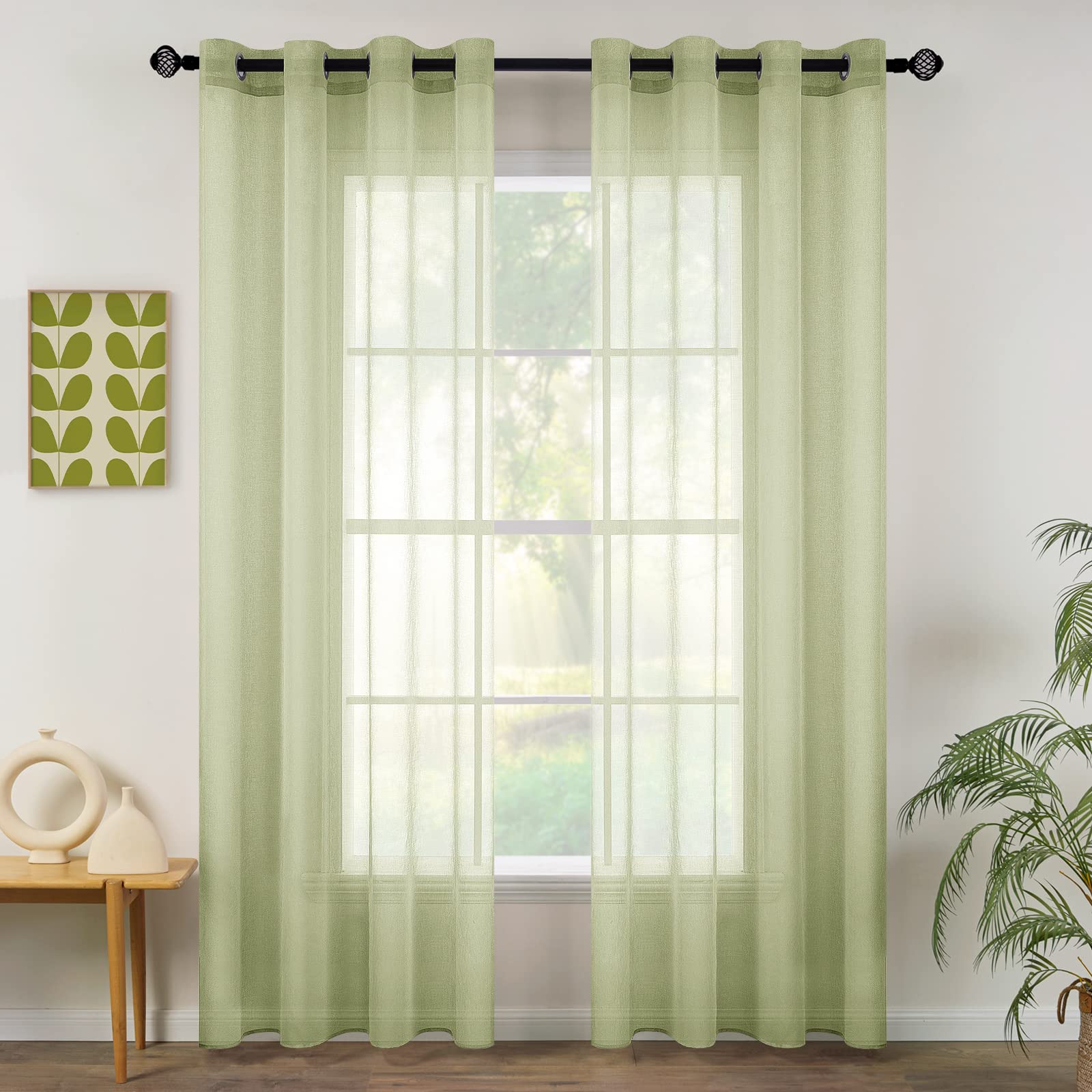 MIULEE 2 Panels Sheer Window Curtains Elegant Window Voile Panels Drapes Treatment for Bedroom Living Room 55" Wx85 L Grommet Top Green