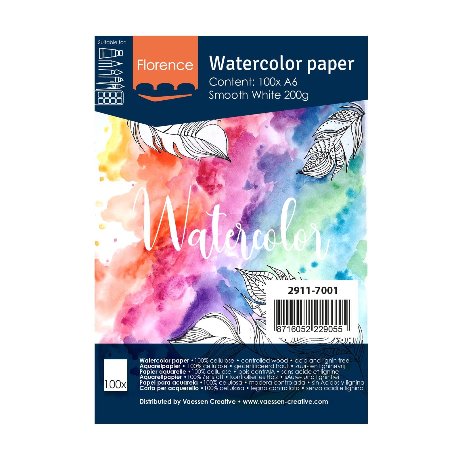 Vaessen Creative Florence Hot Pressed Watercolour Paper, Smooth 200gsm, A6