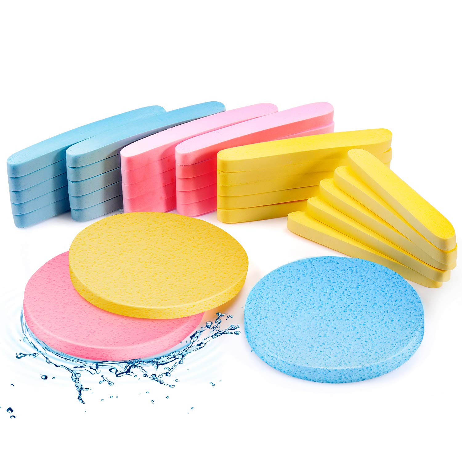 120 Pieces Compressed Facial Sponge Face Cleansing Sponge Makeup Removal Sponge Pad Exfoliating Wash Round Face Sponge for Women Girls, Pink, Yellow, Blue : Beauty
