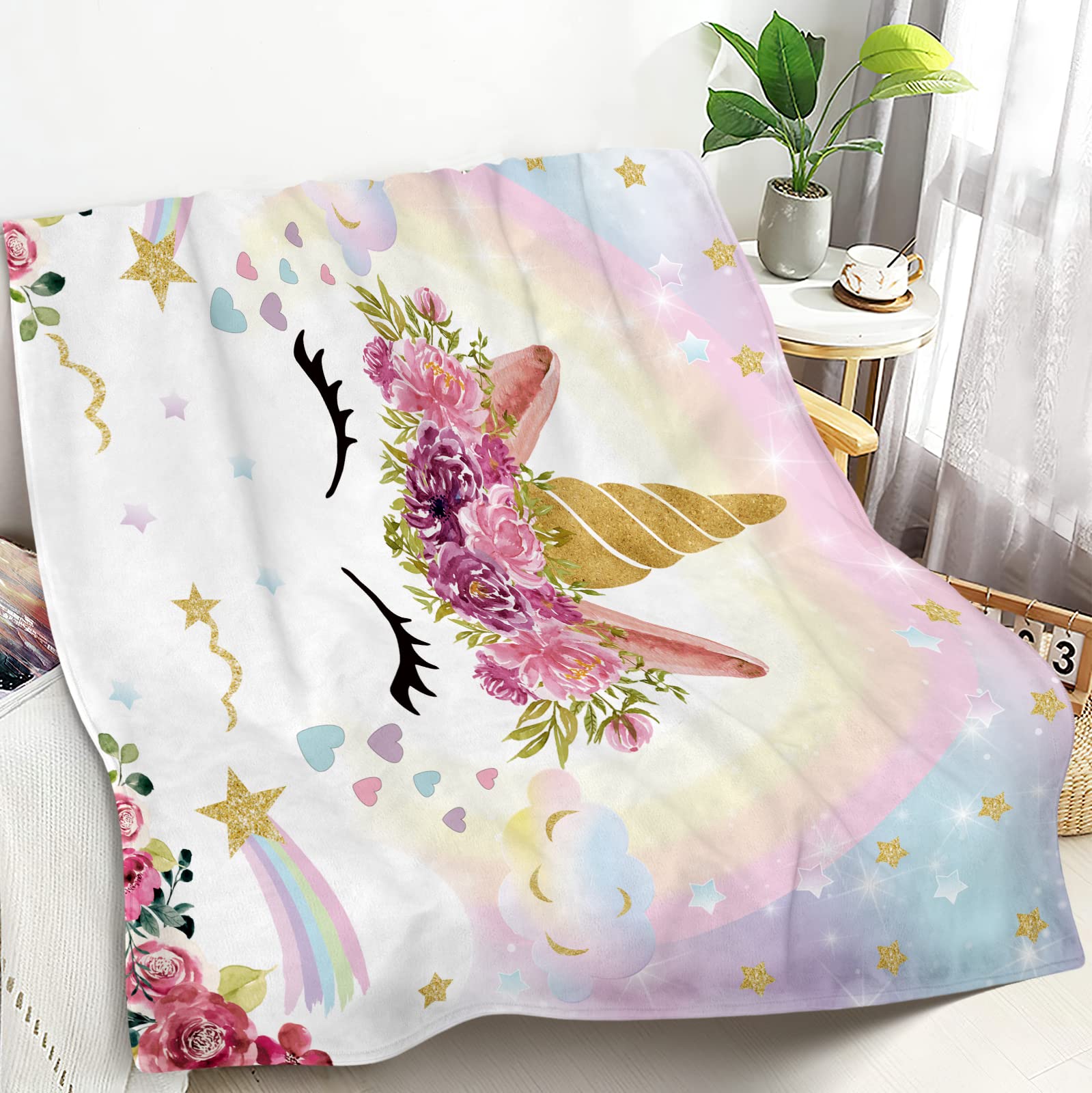 Woyamay Unicorn Blanket for Girls, Fleece Blanket Unicorn Gifts for Girls Women Smiling Rainbow Unicorn Flannel Blanket for Kids Teens Adults Soft Unicorn Throw Blanket for Bed Sofa Travel, 50"x60"