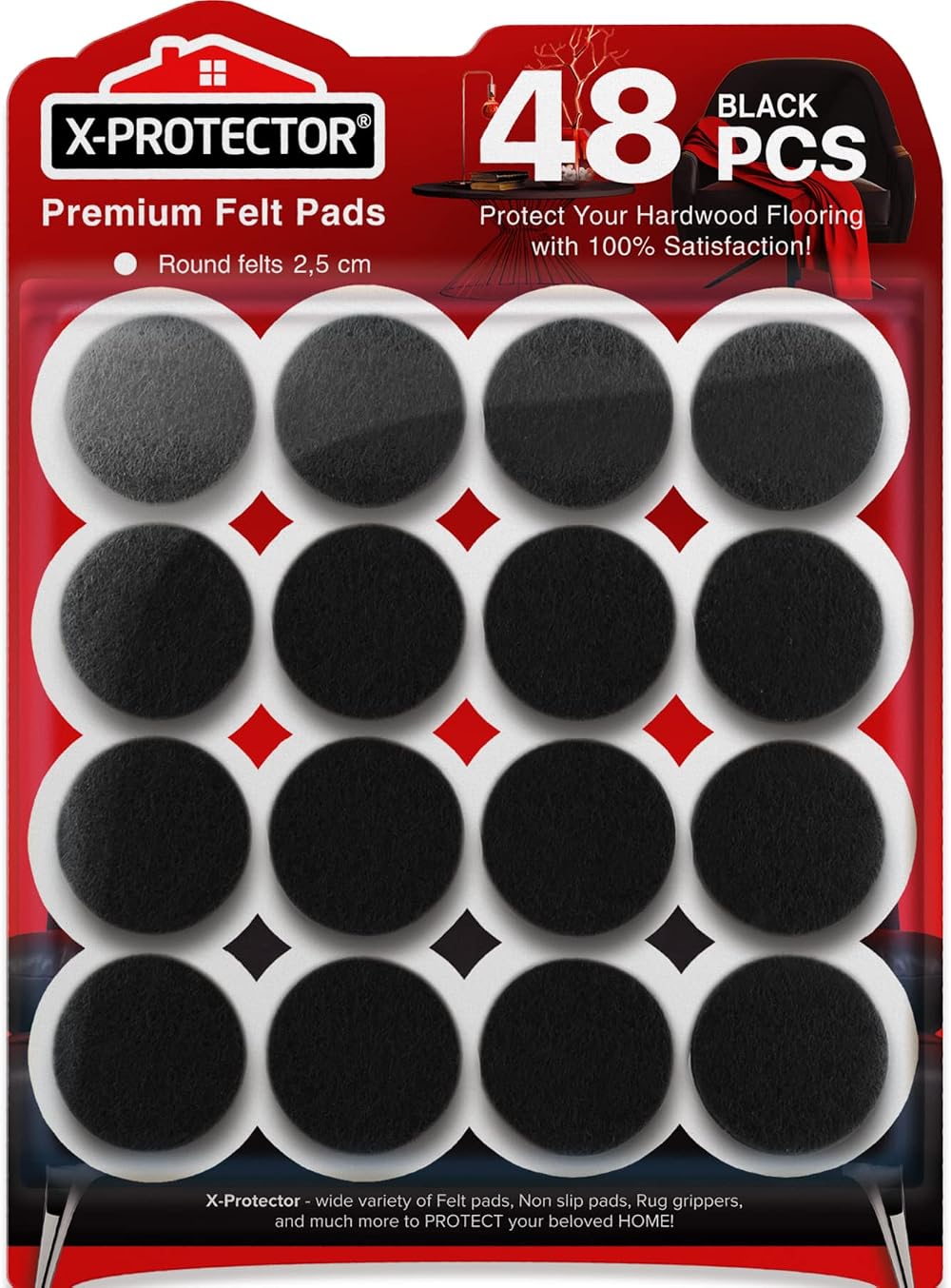 X-Protector Chair Pads 48-Pack 25mm Felt Furniture Floor Protectors