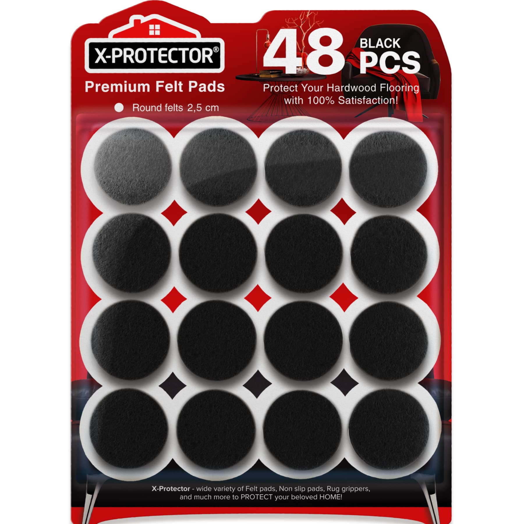 Chair Pads Floor Protectors X-PROTECTOR - 48 PCS 25mm - Felt Furniture Pads - Premium Chair Feet Protectors - Protect Wood Floors with Chair Leg Floor Protectors!