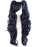 MapofBeauty Multi-color Lolita Long Curly Clip on Ponytails Cosplay Wig (Black/Blue)