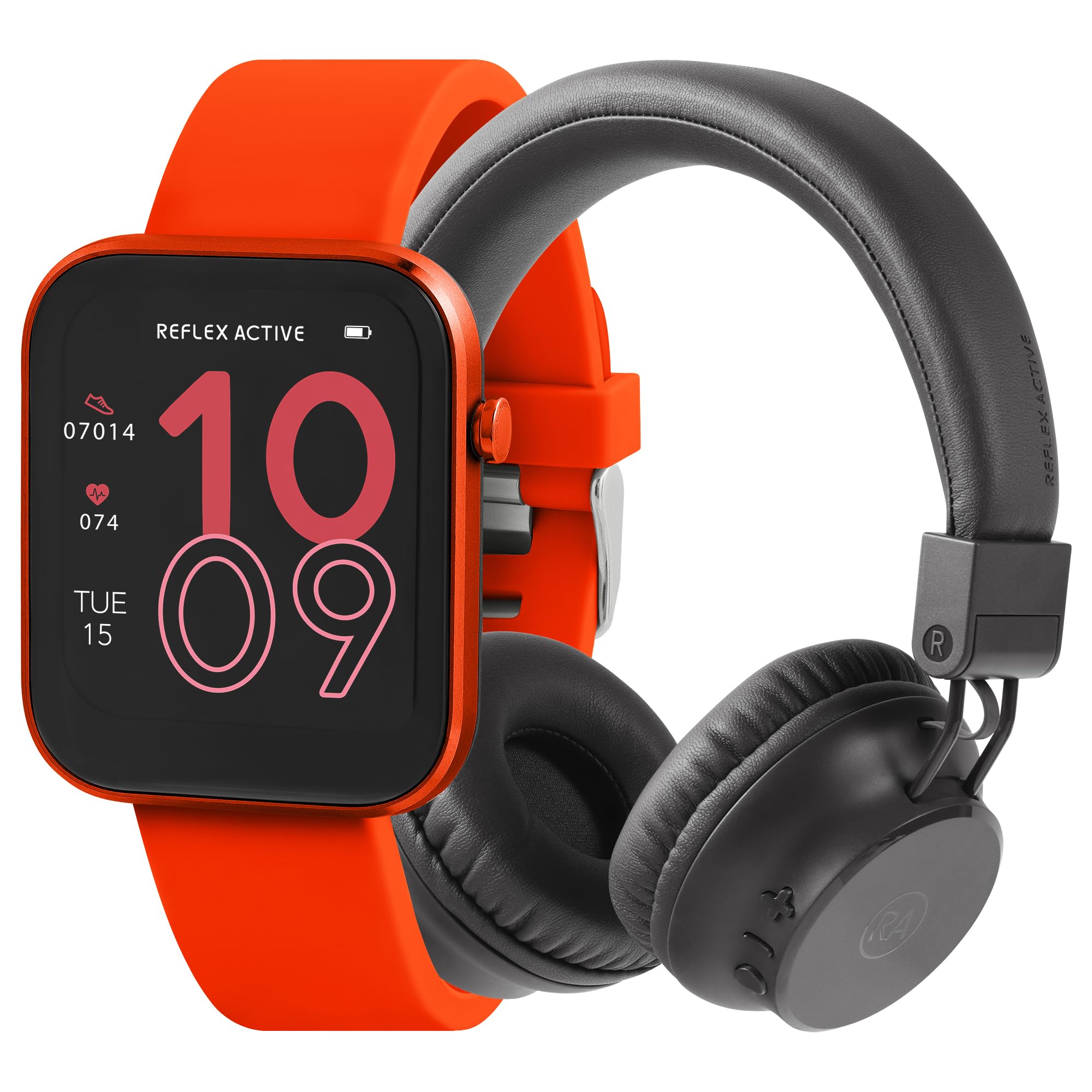 Reflex Active Series 12 Red Strap Smart Watch and Wireless Foldable On Ear Headphones with Built in Mic Bundle Gift Set