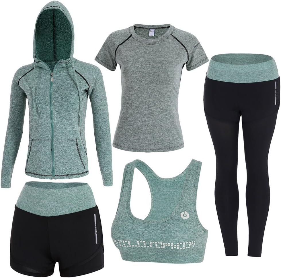 ZETIY Women's 5pcs Sport Suits Fitness Yoga Running Athletic Tracksuits