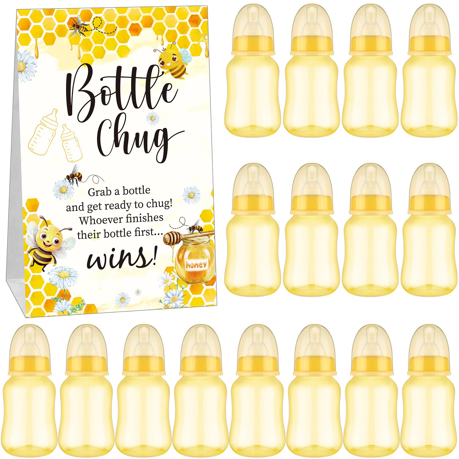Photo 1 of TrelaCo Bottle Chug Baby Shower Game 20 Pcs Baby Bottles Shower Favor with 1 Bee Theme Sign for Gender Reveal Party Supplies Gifts(Yellow)