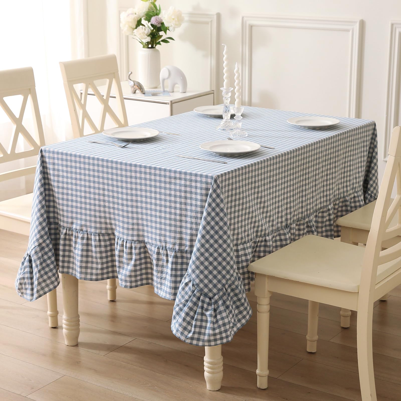 Photo 1 of K MASANIJI 100% Cotton Dust Blue Plaid Ruffled Table Cloth for Rectangle Table Seat 4-6, Classic Farmhouse Checker Gingham Vintage Decorative Tablecloth - 70"x52"