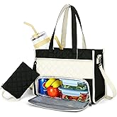 Rexmore Puffer Lunch Tote Bag for Women with Insulated Compartment & 15.6" Laptop Sleeve, 2 in 1 Quilted Computer Purse with Cup Holder for Work, College, Travel(Black-Beige)