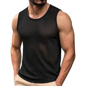 kuweot Men Casual Tank Tops Mesh Shirt See Through Sleeveless Shirts Muscle Fishnet Fitted Tee Clubwear Summer Clothes