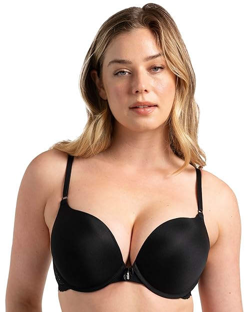 Smart & Sexy Women's Maximum Cleavage Underwire Push Up Bra, Black Hue with Lace Wings, 38C