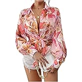 WDIRARA Women's Floral Bishop Sleeve Button Up Shirts Collared Tie Front Blouse Tops