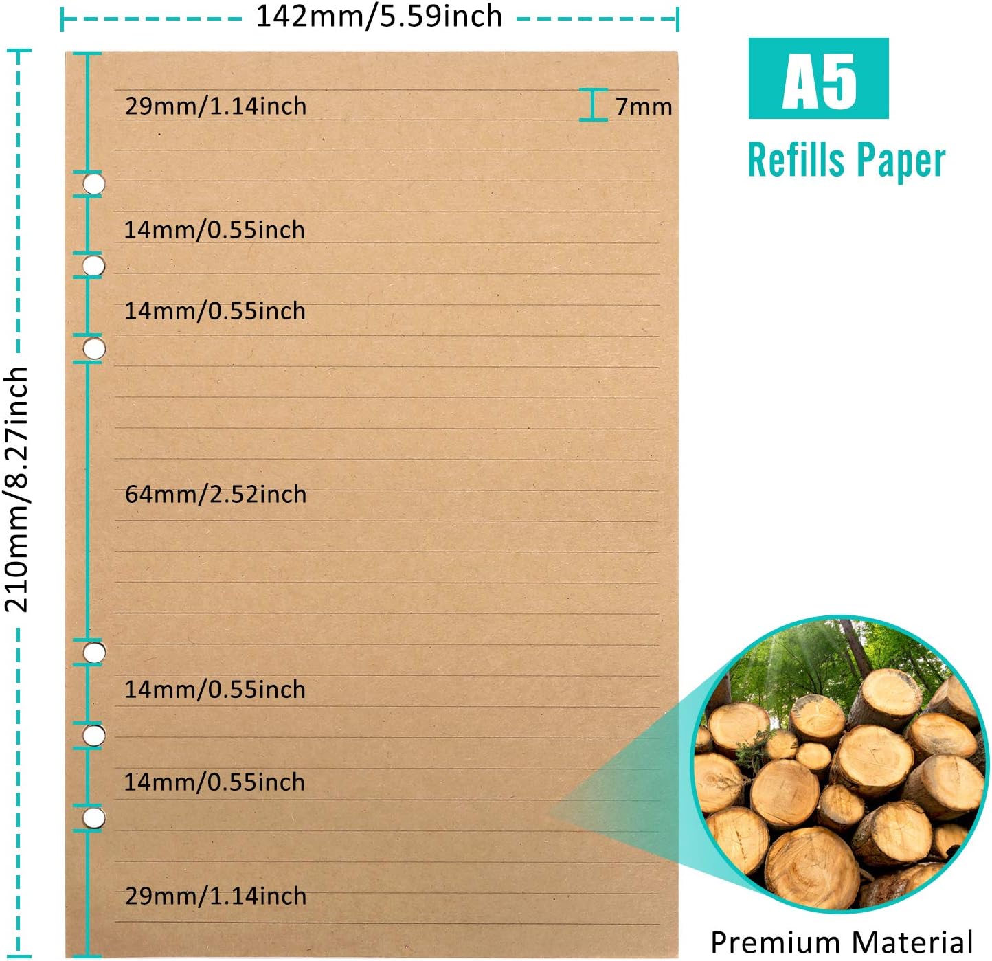 OMEYA 160 Sheets/320 Pages A5 Refills Paper, 2 Pack Ruled Line Paper, 6 Holes Binder Inserts, Notebook Planner Refills, Brown - Image 3