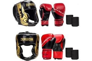 ZERUIDM 3-in-1 Boxing Headgear and Gloves Set for Kids Adults Men, ONE Pair, Training Sparring Gear Head Guard for MMA Kickboxing Muay Thai Boxing Equipment