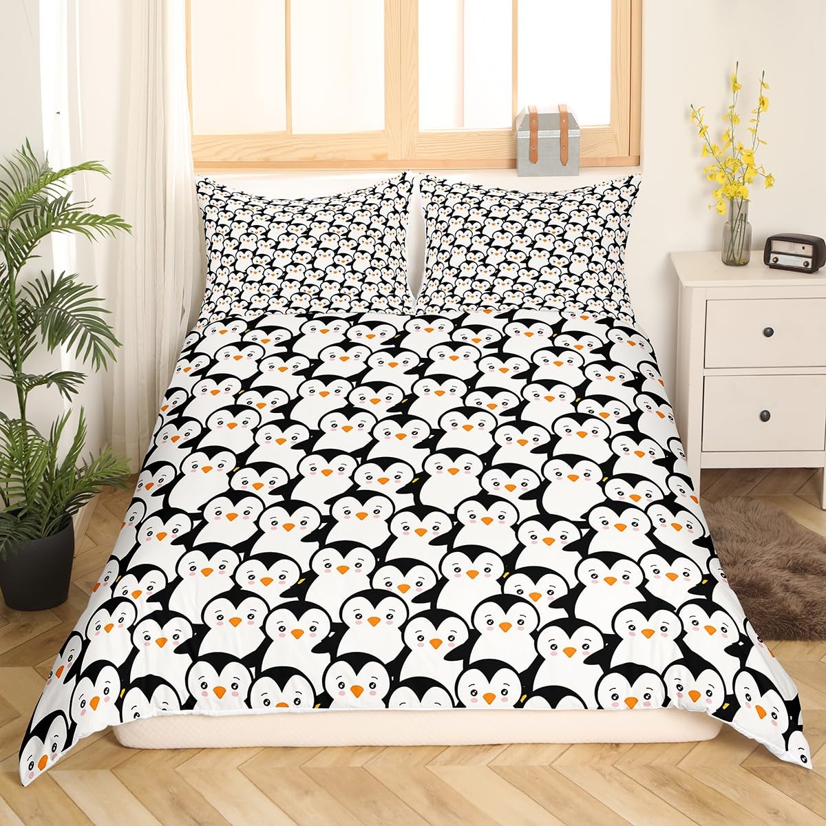 Homemissing Penguin Duvet Cover Set Cartoon Penguin Bedding Set for Kids Boys Girls Cute Animal Comforter Cover Lovely Funny Quilt Cover 3Pcs Double Size
