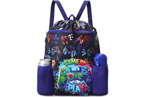RHCPFOVR Game Drawstring Backpack for Kids - Drawstring Bags for Boys Swim Bag for Beach Swimming Pool Lightweight Draw String Bags Waterproof Sports Gym Bag With Two Water Bottle Holder