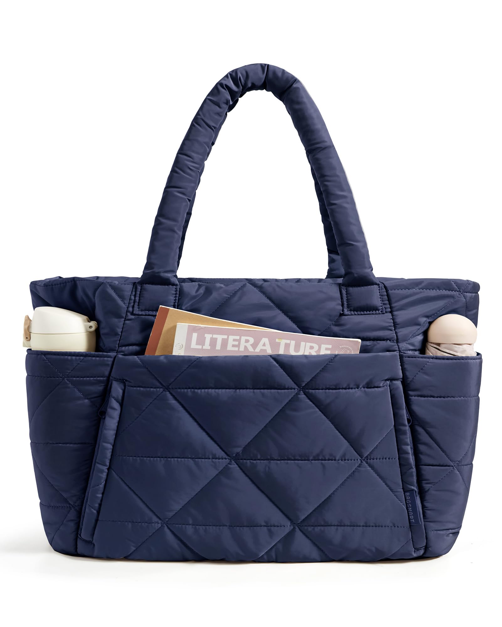 BAGSMART Tote Bag for Women, Puffy Tote Bag with Zipper, Large Quilted Shoulder Bag with Compartments for Travel, Work, Gym (Navy Blue) Image