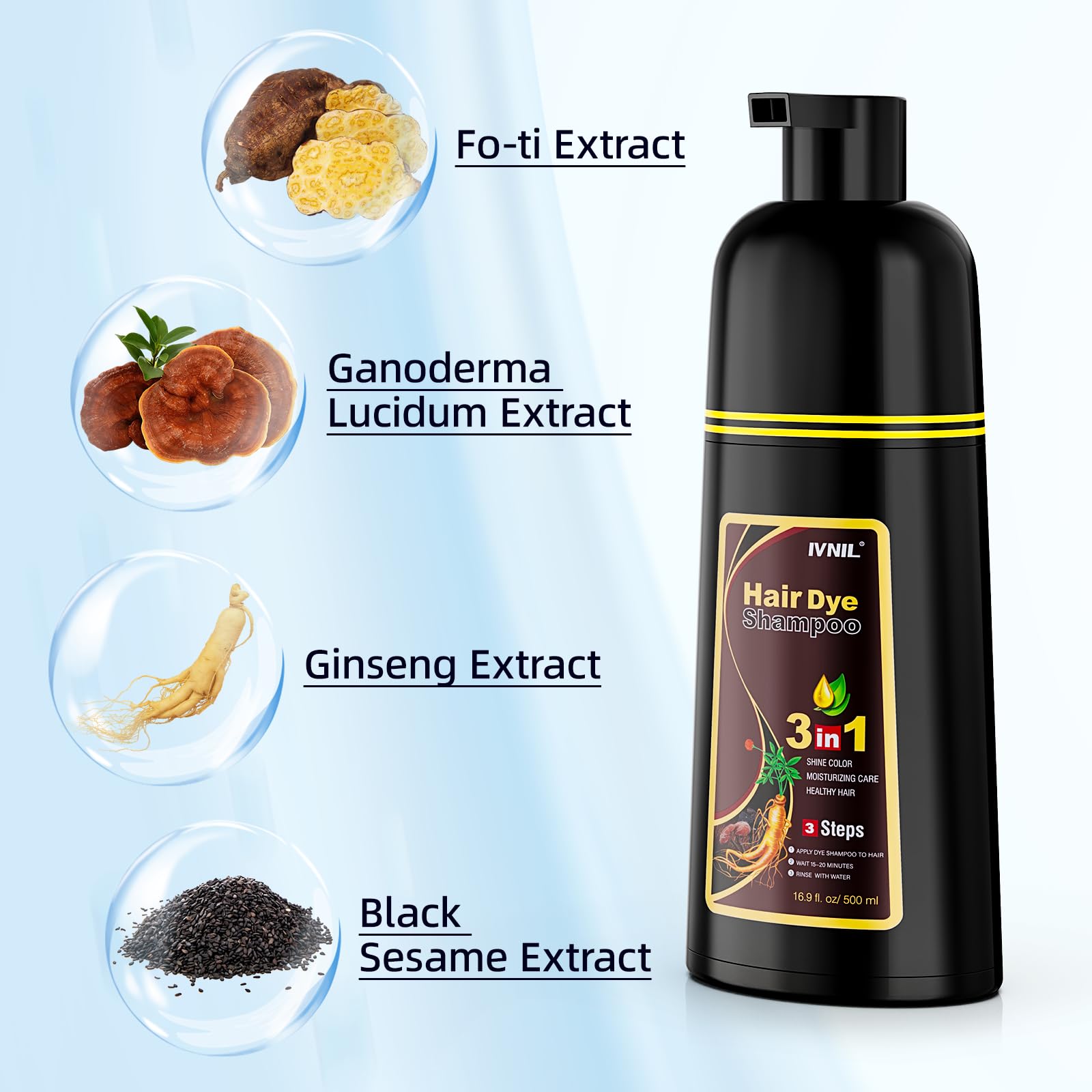 Ivnil Dark Brown Hair Dye Shampoo 3 in 1 for Women/Men Hair Color for Grey Coverage Seimi Permanent Instant Champu Para Canas Mujer for Men