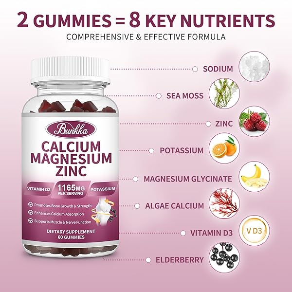 CALCIUM MAGNESIUM ZINC GUMMIES WITH MAGNESIUM GLYCINATE 200MG, POTASSIUM, D3, SEA MOSS, CALM MOOD & SLEEP SUPPORT- KIDS & ADULTS 2 PACK