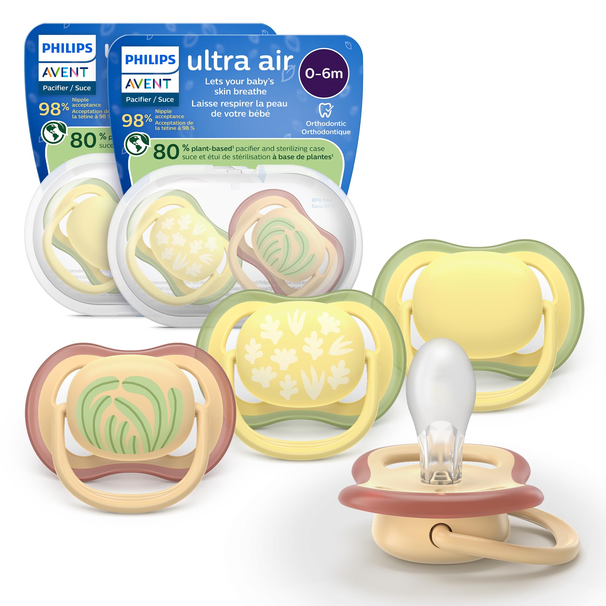Photo 1 of ** ONLY 2**
Philips Avent Ultra Air Pacifiers - Orthodontic Design, for Babies 0-6 Months, Soft Silicone Symmetrical Nipple, BPA-Free, 2 Sterilizing Cases, 4 Pack, SCF087/21