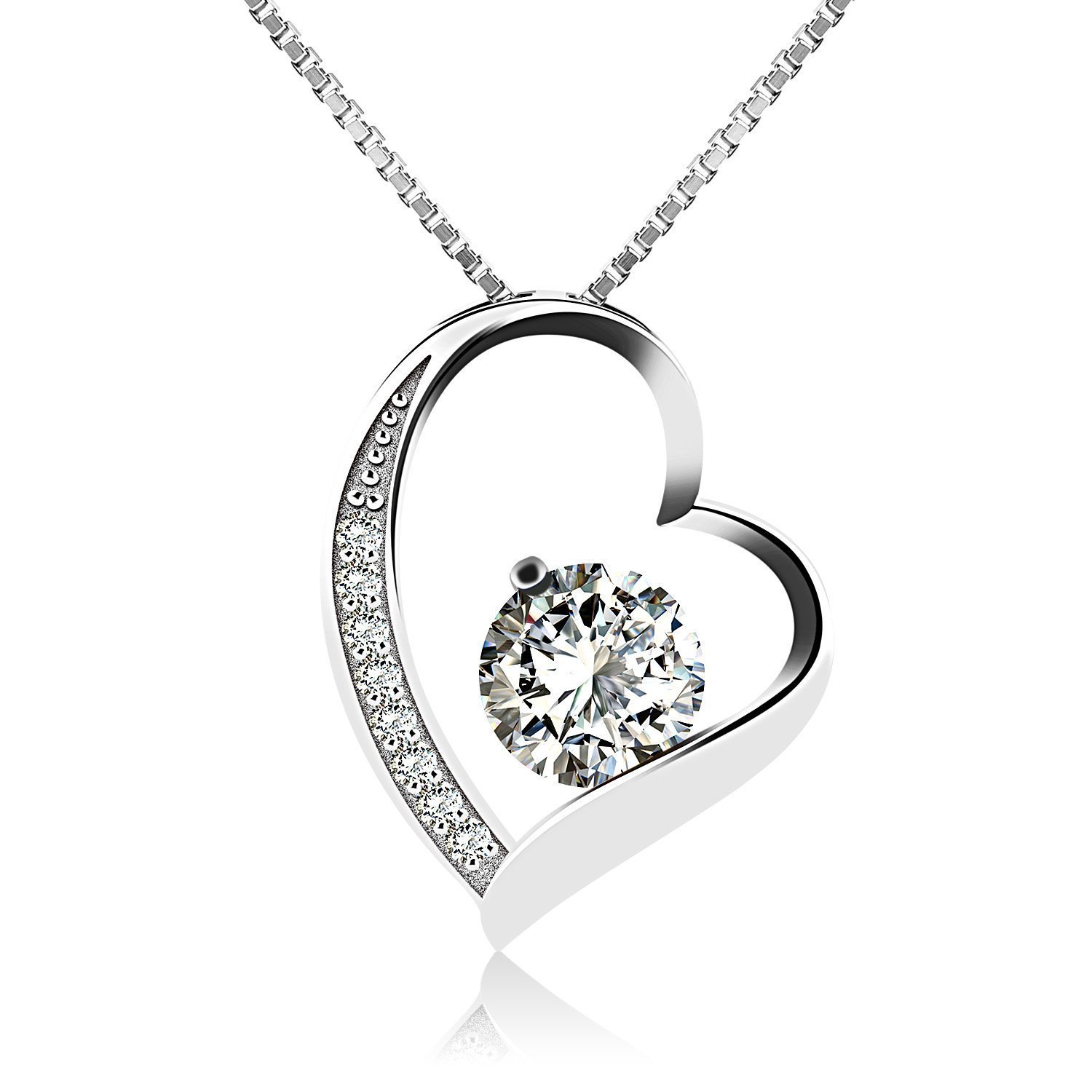 J.Vénus Damen Schmuck, Halskette Silber mit Herz Anhänger 925 Sterling Silber Zirkonia 45cm / Kette, Schmuck mit Etui (ewige Liebe - weiß)