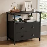 Edbuosy 27" Wide Nightstand with Charging Station &amp; 2 Drawer, Black | Small Dresser for Closet, 2 AC Outlets &amp; 2 USB Ports, Open Shelf, Adjustable Feet, Wood Nightstand for Living Room or Bedroom