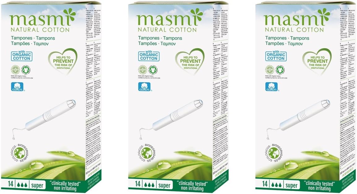 3x14 Masmi Super Applicator Tampons Certified Organic Cotton, Hypoallergenic, Biodegradable, Perfume, Viscose, Rayon, Chlorine and Dioxin Free