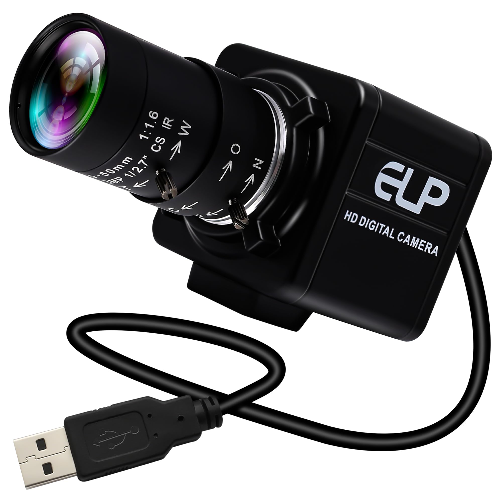 ELP USB Camera 8MP 10X Optical Zoom Webcam 5-50mm Varifocal Lens, USB Webcam With CMOS IMX179 Image Sensor Video Conference Close-up Web Cameras Plug and Play For Windows Linux Raspberry Pi Camera