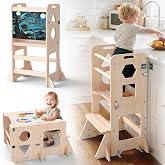 OMEW Toddler Standing Tower Anti-Tip Wooden Kitchen Step Stool，Nature | A‑Frame Anti‑Tip Structure With Safety Bar; Converts To Table‑Chair Set. Non‑Toxic Solid Wood, 1-3 Year Old Boy Girl Gifts