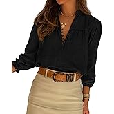 BTFBM Women Spring Tops 2026 Boho Solid V Neck Fashion Casual Long Sleeve Button Down Blouses Dressy Shirts