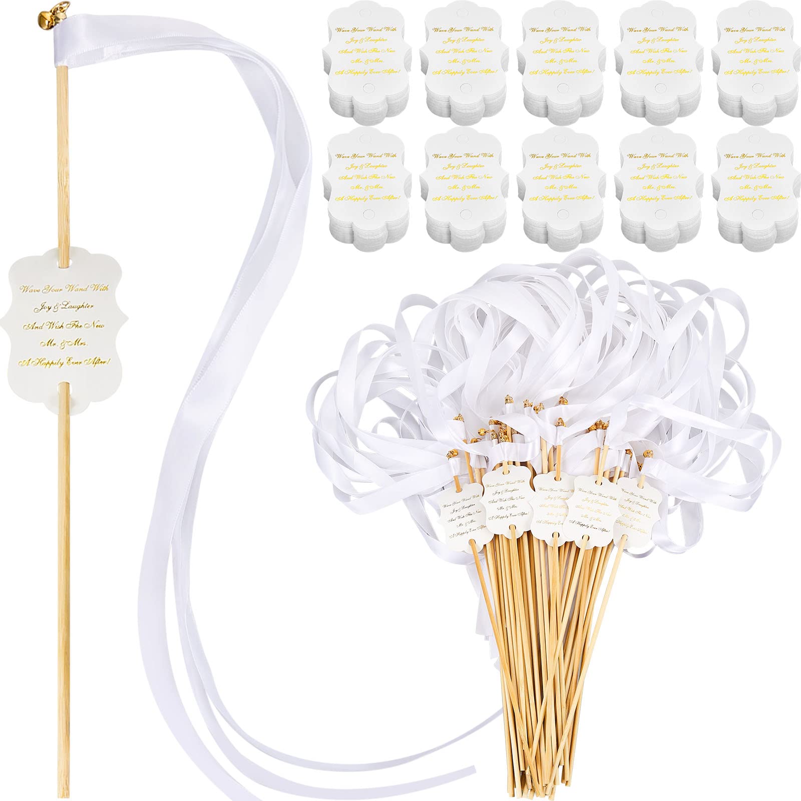Photo 1 of Janinka 100 Sets Ribbon Wedding Wands with Sticks and Bells Bulk Ribbon Dancer Wands Sparklers Wedding Send Off Items Party Favors Streamers Party Celebration Decorations (White)