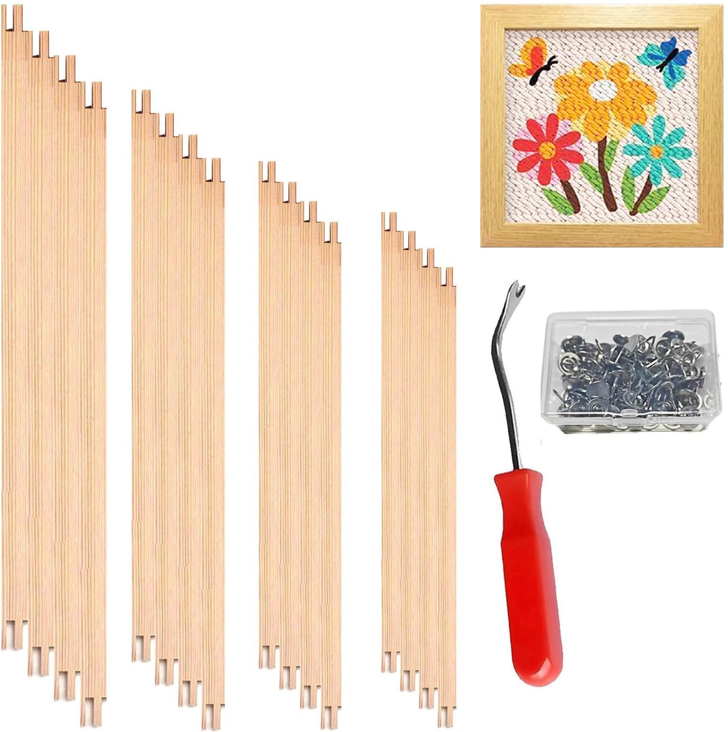 Photo 1 of 16 Pcs 4 Sets Stretcher Bars for Needlework Canvas Stretcher Bars 10 Different Size Combinations Embroidery Stretcher Bars for Cross Stitch Frame Set with Thumbtack and Remover Tool(Large Size)