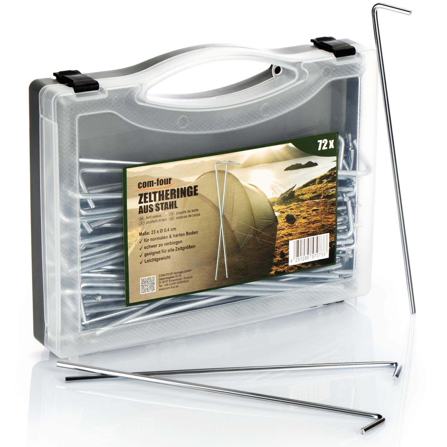 COM-FOUR® 72x steel tent pegs with box for storage - long and robust ground pegs for camping and outdoors - ideal for normal ground - Ø 4 mm