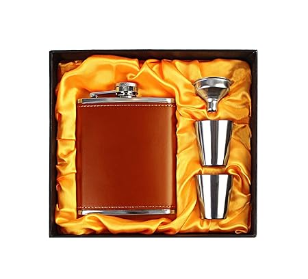 Menzy Stainless Steel and Stitched Leather Hip Flask 7 oz (210 Ml), Wine Whiskey Vodka Alcohol Drinks Pocket Bottle for Men Women - Alcoholic Beverages Holder Liquor Flasks with Funnel Gift Set